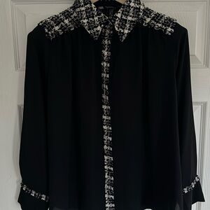 Zara Black Blouse with White Tweed Accents